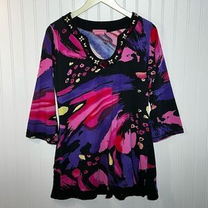 Joyous & Free Beaded Rhinestone Tunic Top Women’s Large Black Pink Long Sleeve
